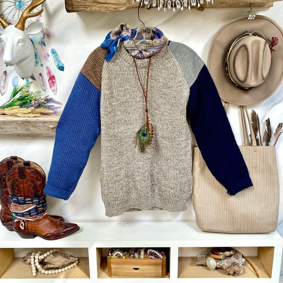 Woven in Scotland patchwork boho tweed wool sweater w equestrian farmhouse vibe - Picture 2 of 14